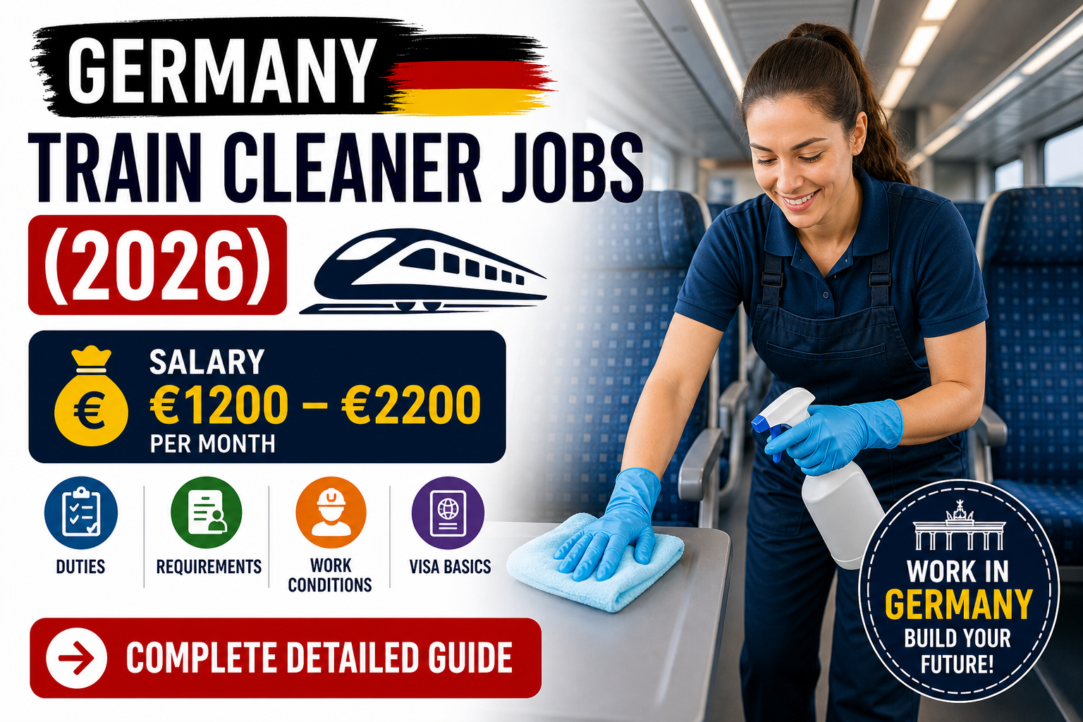 Germany Train Cleaner Jobs (2026): Salary €1200–€2200, Duties, Requirements, Work Conditions, Visa Basics & Complete Detailed Guide